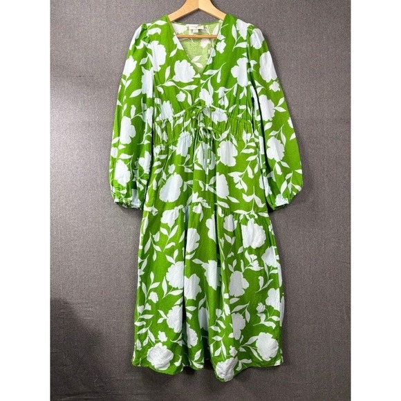a new day Dresses & Skirts - A New Day Floral Midi Dress Womens Small Green Linen Blend Long Sleeve Smocked
